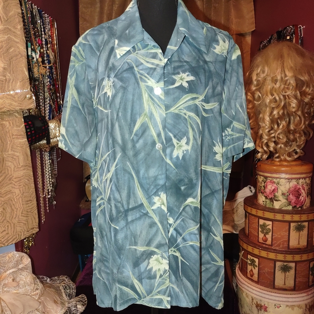 Fancy Lady Floral Green Semi-Sheer Blouse 18 1/2